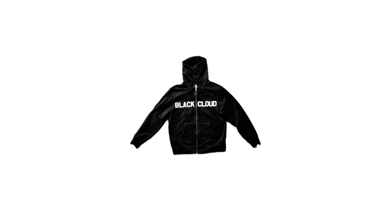 A black hoodie sitting in a white void. the words Black Cloud are written on the hoodie