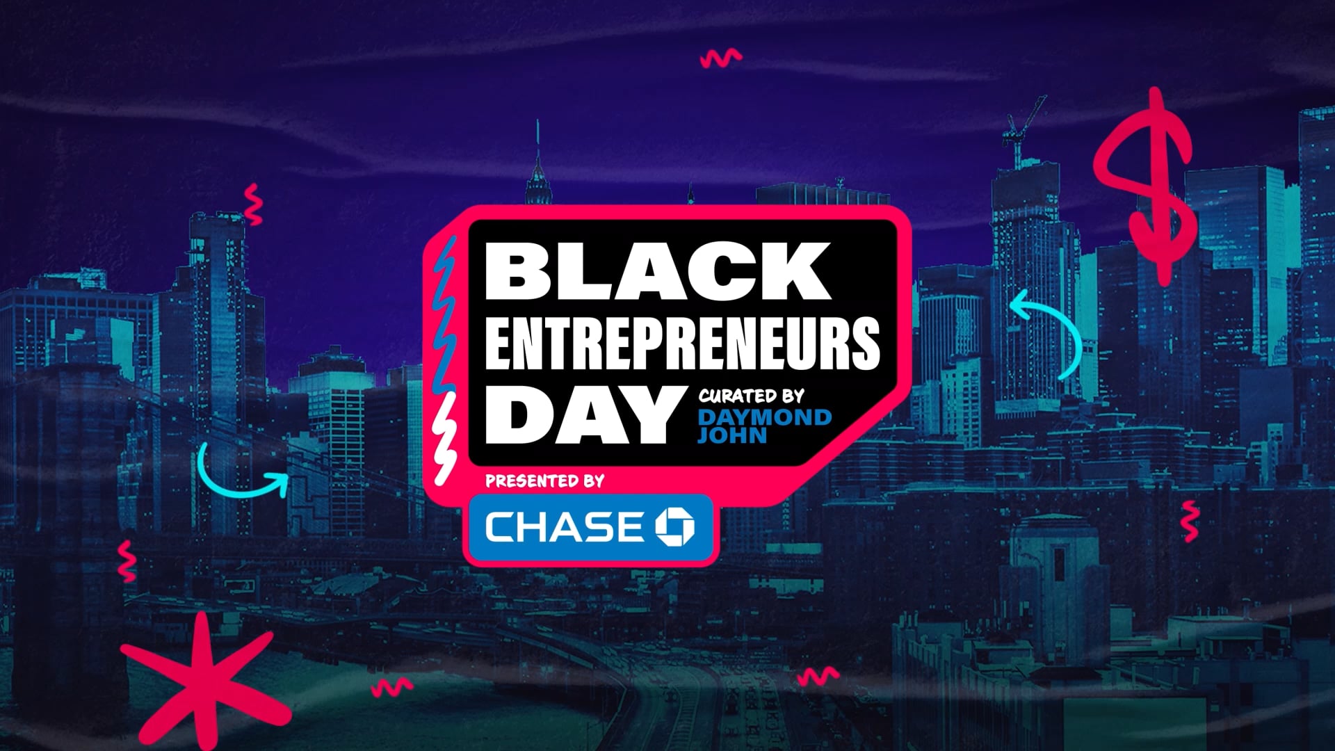 A graphic displaying A cityscape with the words Black entrepreneurs day in black white with bright pink border