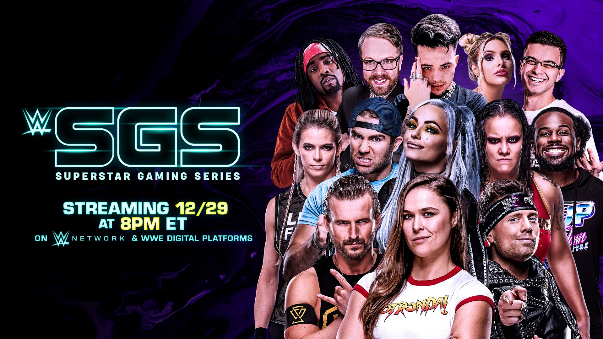 WWE Superstar Gaming title card featuring several wrestlers and social influencers